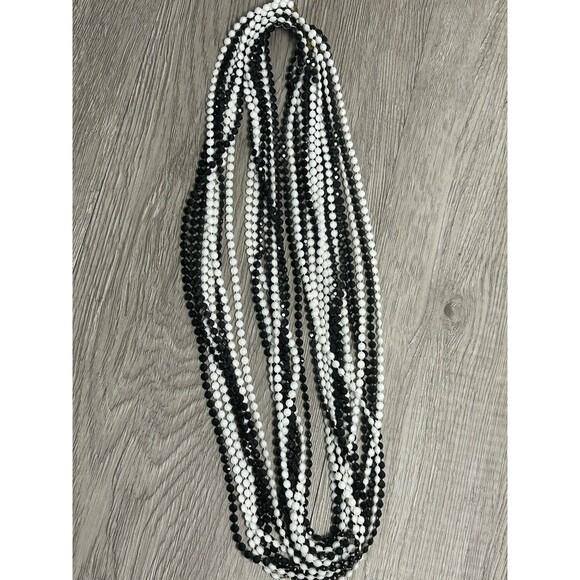 VTG LONG Multi Strand Faceted Glass Necklace Beaded Black White Gold Tone Link - Picture 5 of 8